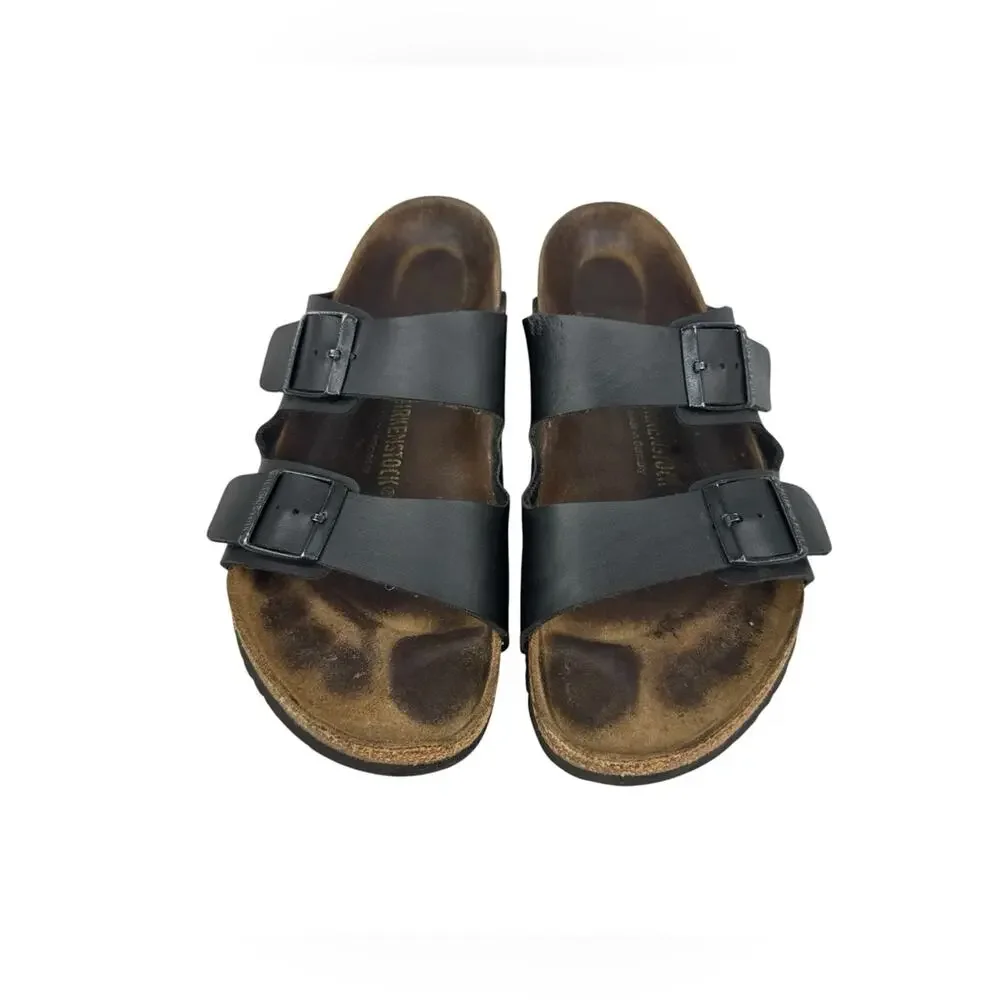 BIRKENSTOCK Arizona Men's Sz 10 Black Leather Two-Strap Sandals Cork Footbed